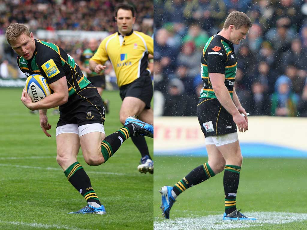 Trying Times: Chris Ashton opens the scoring for Saints (left) before going off injured