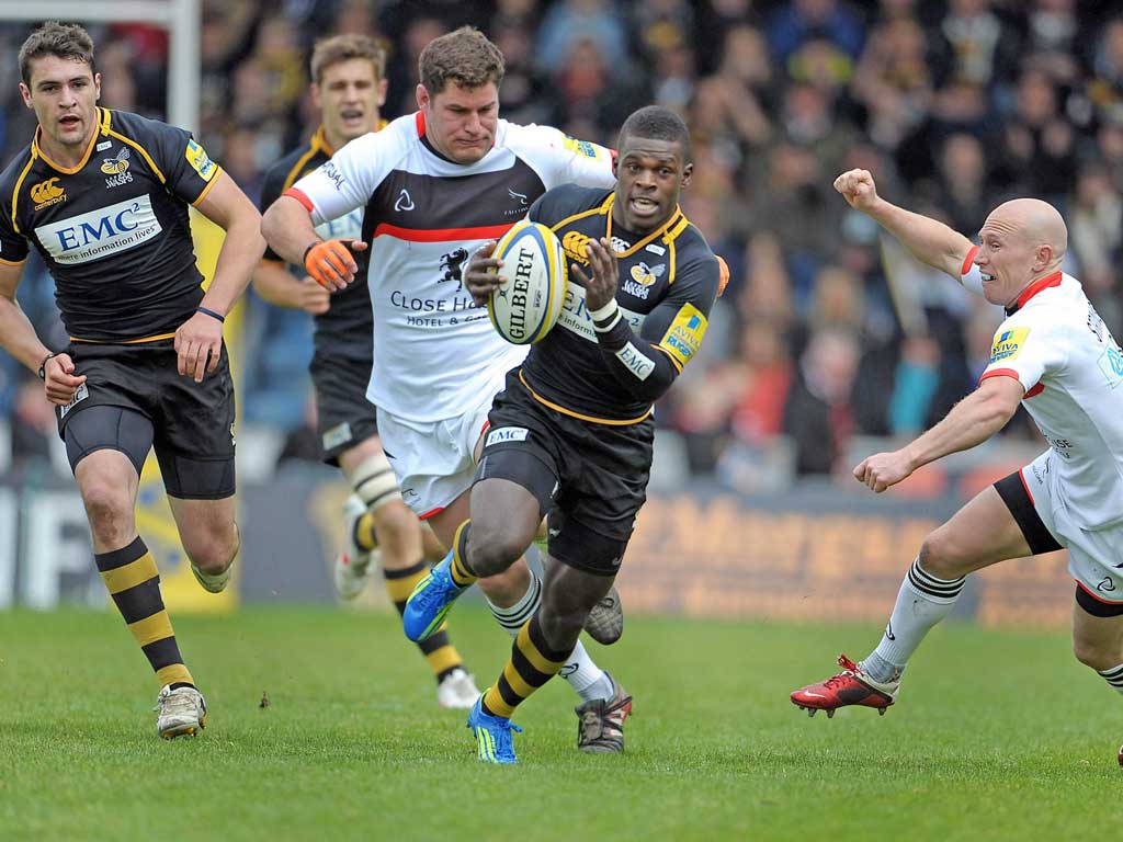 Wasps’ Christian Wade makes a break during the defeat against
Newcastle
