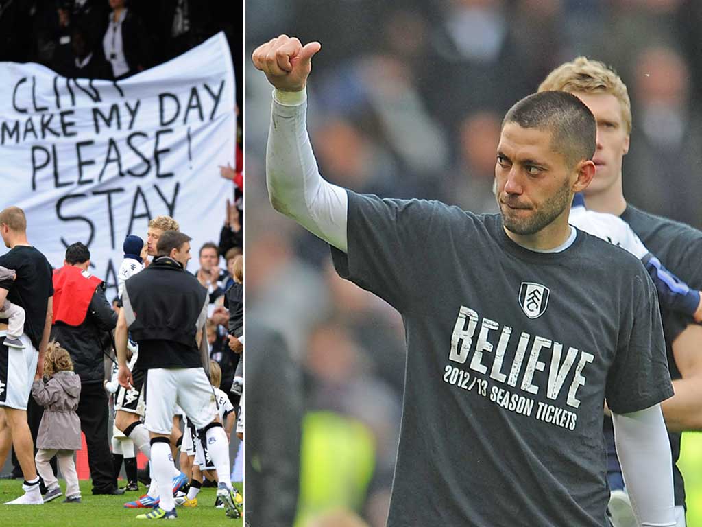 Clint Dempsey takes part in a lap of honour (right), while fans make their feelings clear on rumours about his departure
