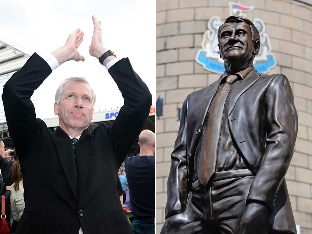 Manager Alan Pardew acknowledges the fans on a day when a statue of Newcastle legend Sir Bobby Robson (right) was unveiled at the stadium