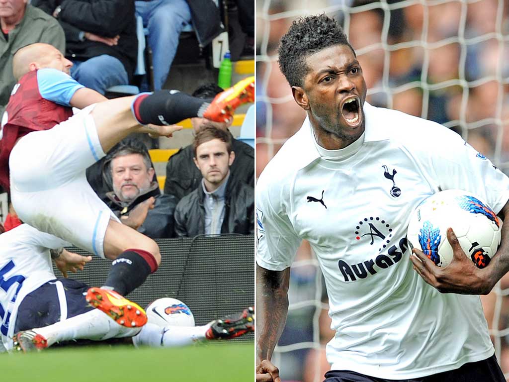 Tottenham’s Danny Rose was sent off after fouling Aston Villa’s Alan Hutton (left) while Emmanuel Adebayor got the visitors’ equaliser from the penalty spot