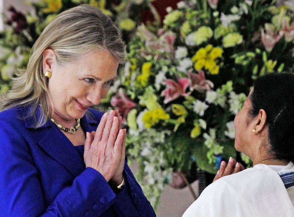 Mrs Clinton meets West Bengal’s chief minister, Mamata Banerjee, in Kolkata during her three-day visit to India