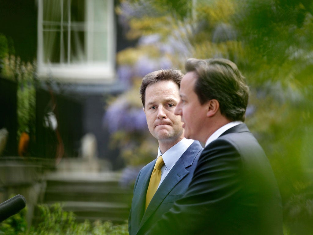 David Cameron and Nick Clegg in the Downing Street garden in May 2010