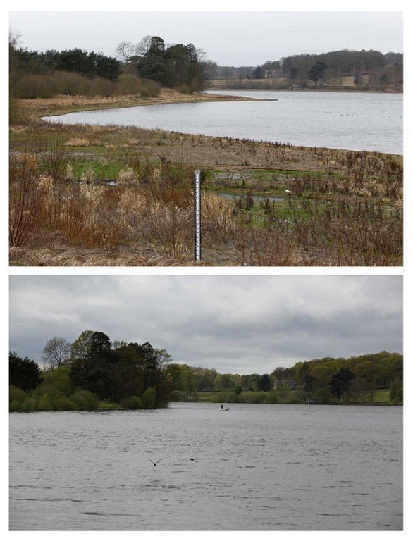 Cropston Reservoir, in Cropston central England on February 20, 2012 (top) and May 10, 2012.