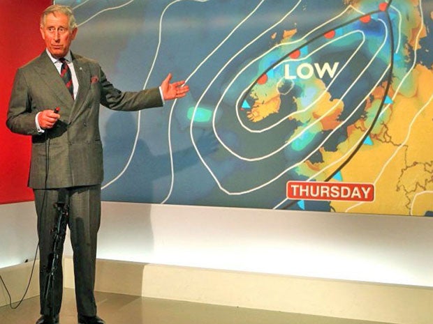 The Prince of Wales reads the weather in the Six O'Clock studio whilst on a tour of the BBC Scotland Headquarters in Glasgow, where they met staff to celebrate sixty years of BBC Scotland Television