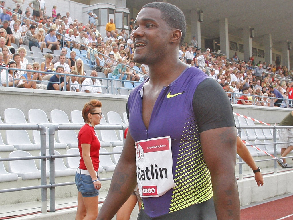 Justin Gatlin ran the 100 metres in 9.87 seconds in Doha yesterday