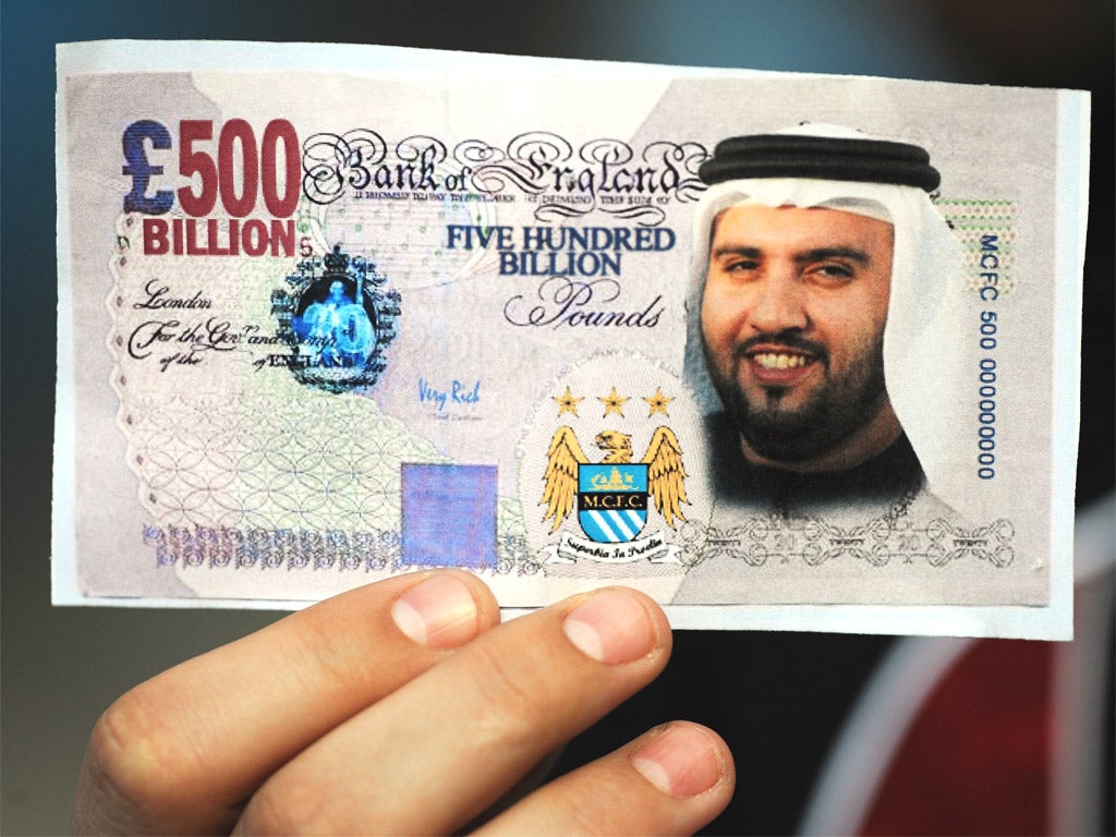 A fake note depicts Sulaiman al-Fahim and the money that has allowed City to obtain these players in just four years