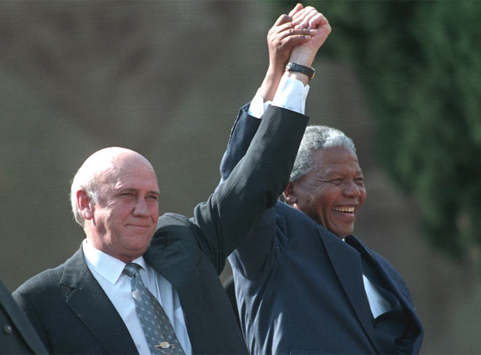 FW de Klerk celebrates the inauguration of Nelson Mandela in 1994