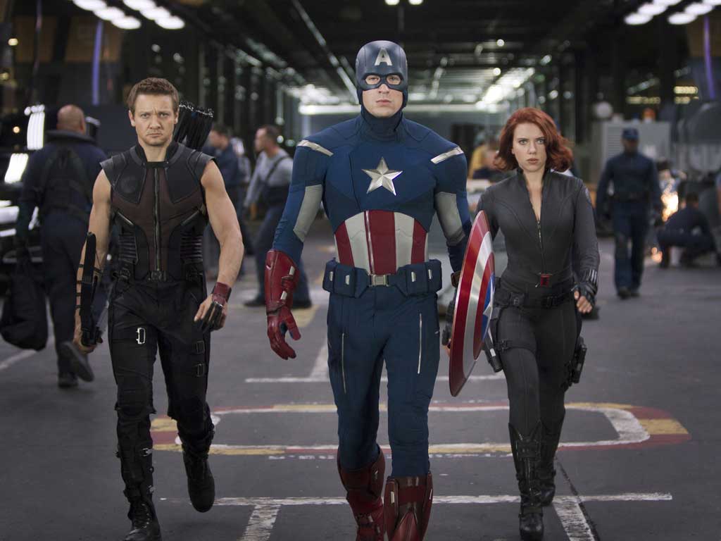 Left to right: Jeremy Renner, Chris Evans and Scarlett Johansson in The Avengers