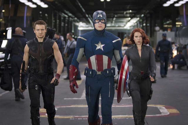 Left to right: Jeremy Renner, Chris Evans and Scarlett Johansson in The Avengers