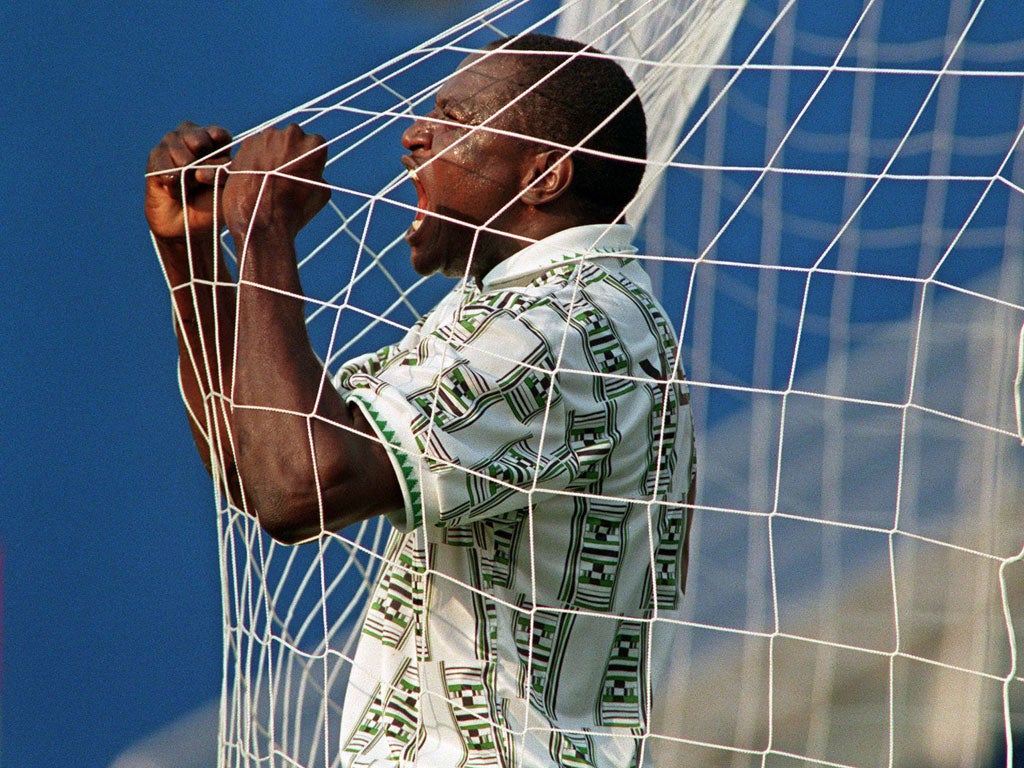 Yekini celebrates Nigeria’s first World Cup goal, against Bulgaria in 1994