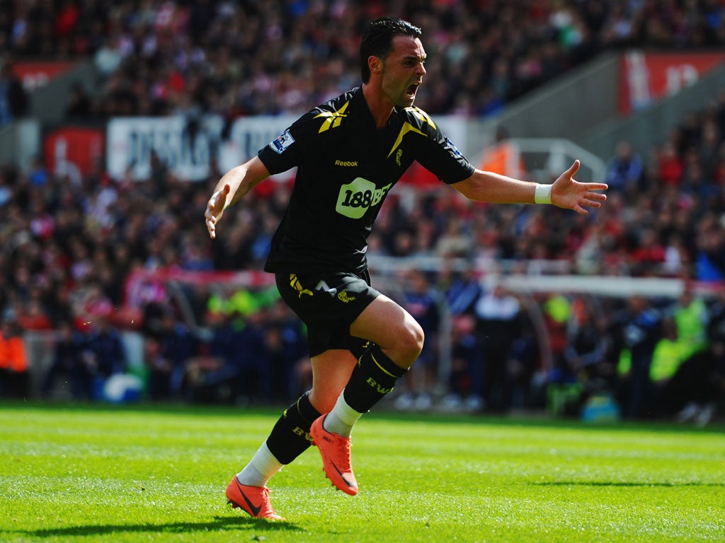 Bolton's Chris Eagles celebrates after scoring his side's first goal against Stoke