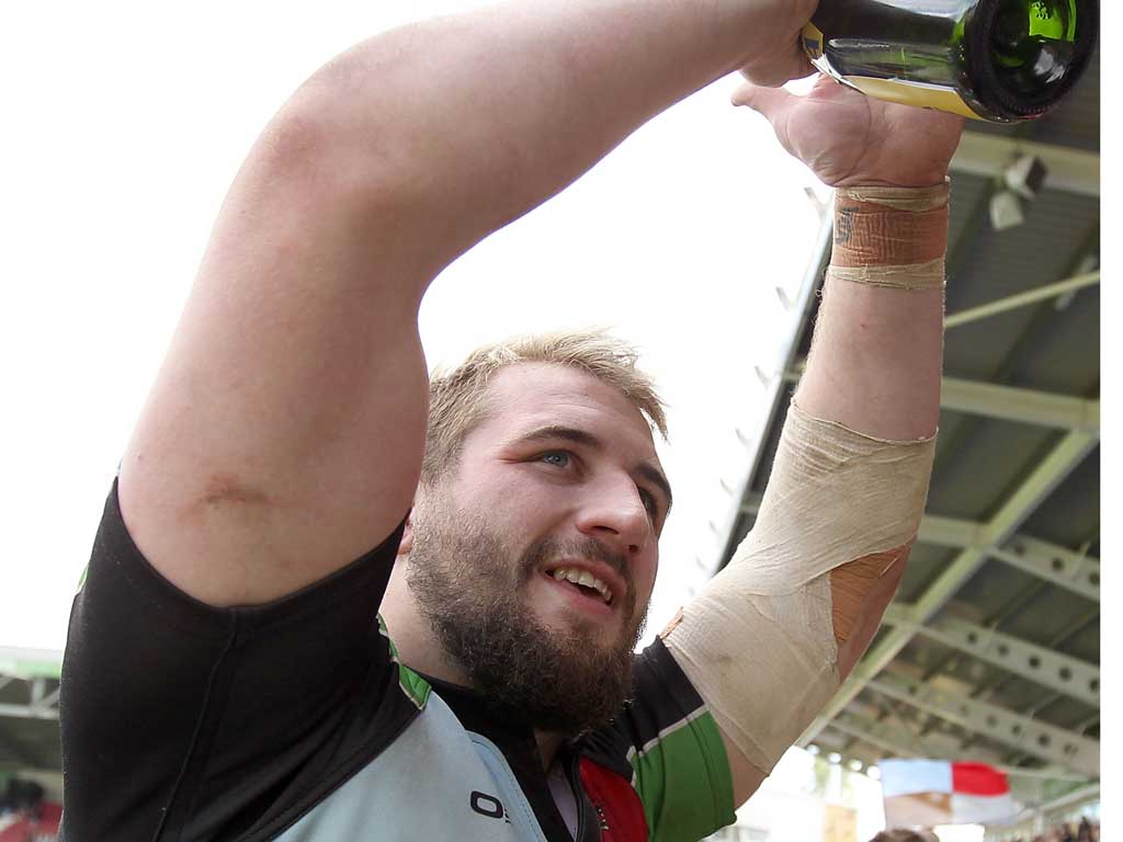 Joe Marler enjoys the victory which takes Harlequins to the final