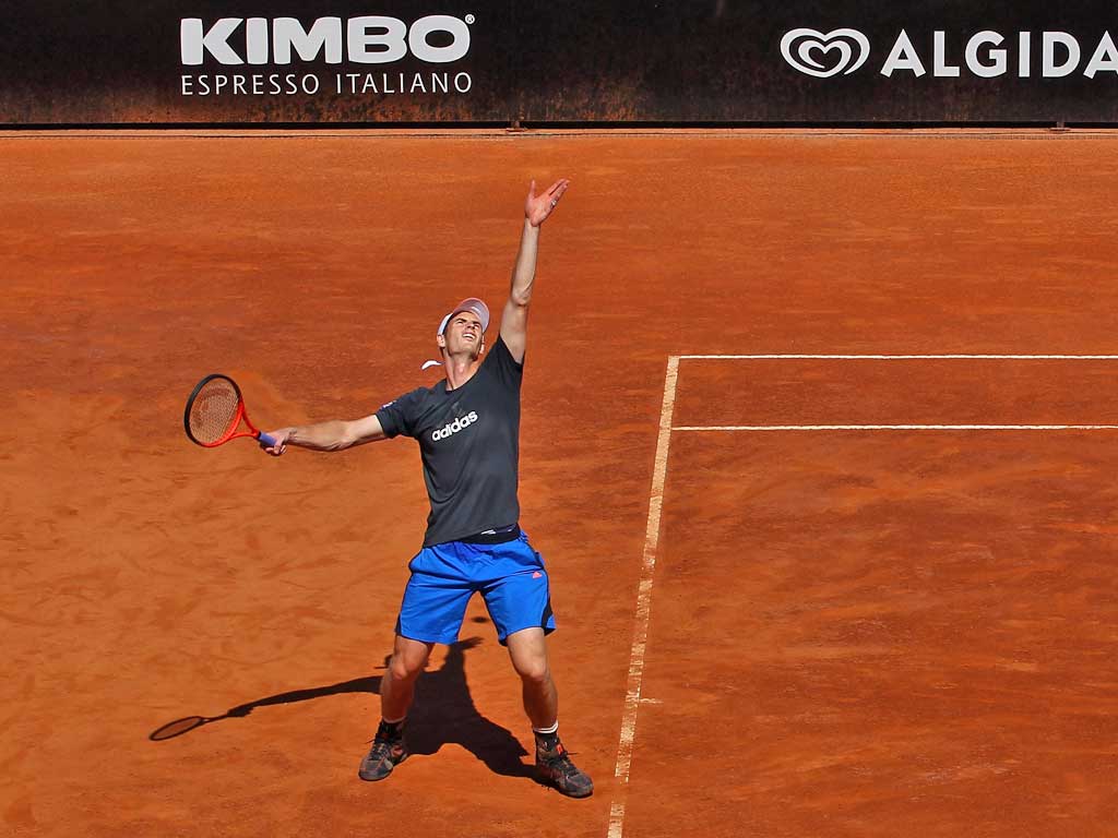 Andy Murray serves during a practice session before the Rome Masters starts today