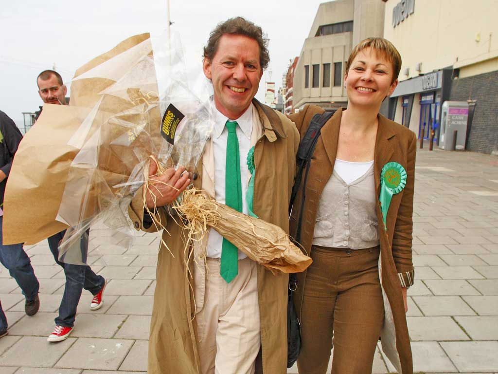 Caroline Lucas wit h her husband after becoming the Greens’ first MP
