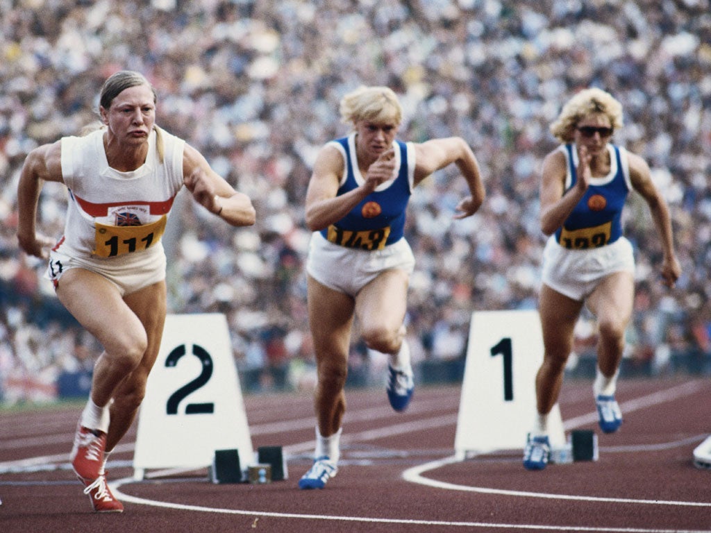 On her way to gold, Mary Peters (far left) leaves the blocks in the 200m