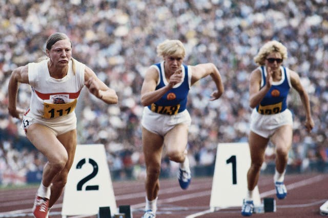 On her way to gold, Mary Peters (far left) leaves the blocks in the 200m