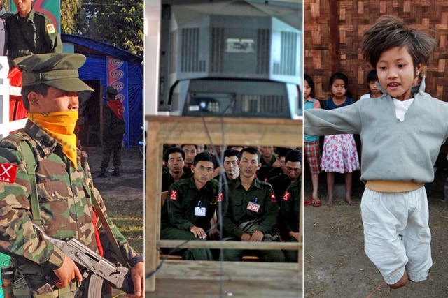 Soldiers from the Kachin Independence Army, who have fought the Burmese government since 1961, in the border town of Laiza; many families and children have been displaced by the fighting