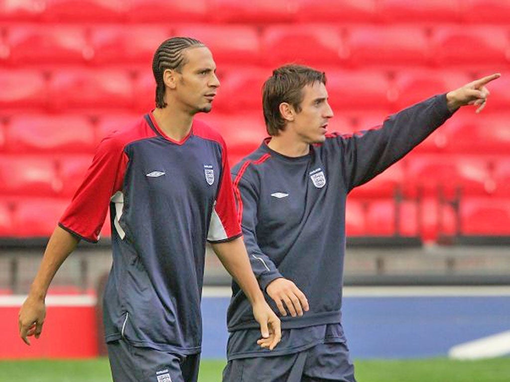 Gary Neville (right) was involved in the ballot which saw England players vote to strike over the FA’s treatment of Rio Ferdinand