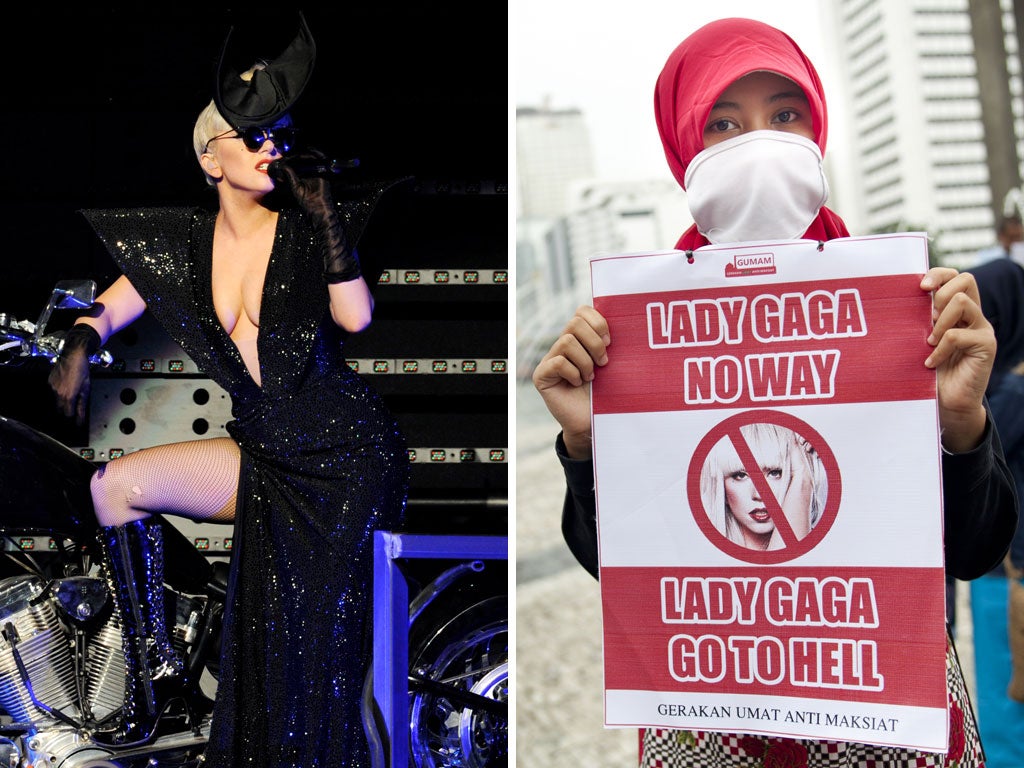 Lady Gaga in one of her signature controversial outfits, left, and a Muslim activist in Jakarta