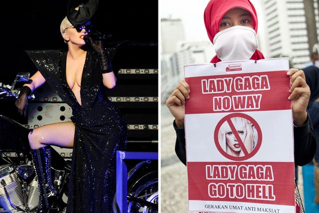 Lady Gaga in one of her signature controversial outfits, left, and a Muslim activist in Jakarta