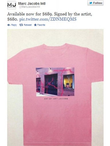 Marc Jacobs's tweet, showing off the new t-shirt and its ridiculous price tag