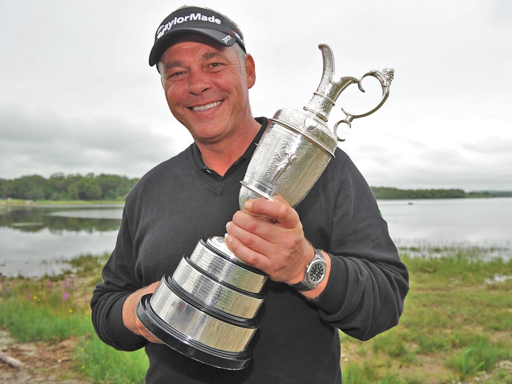 Darren Clarke celebrates victory last year