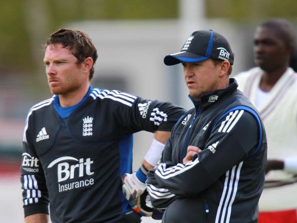 Ian Bell and Andy Flower during the nets session