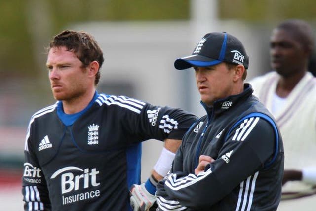 Ian Bell and Andy Flower during the nets session 