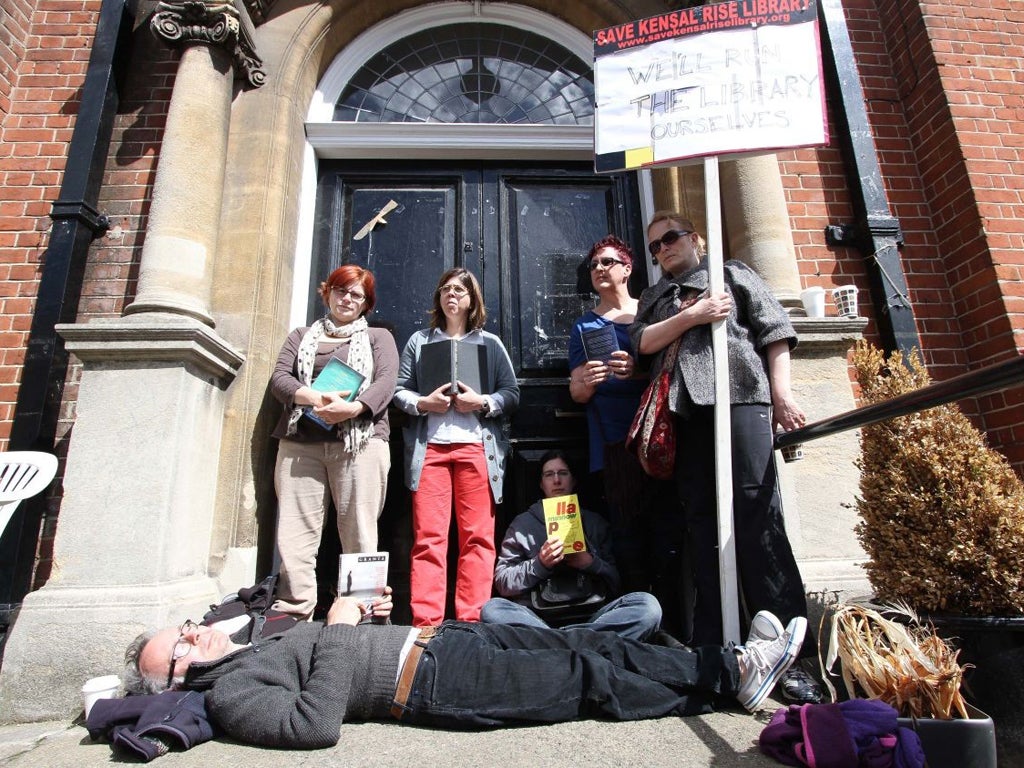 Protesters outside the Kensal Rise Library in north-west London