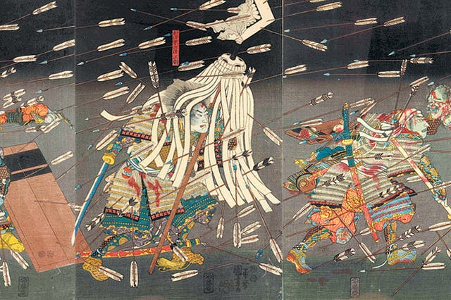 Last Stand of the Kusunoki Heroes at Shijo-Nawate 1851 (left to right: 38cm x 26.2 cm; 38.2cm x 25.7cm; 38 cm x 25.8 cm) by Utagawa Kuniyoshi, British Museum, London