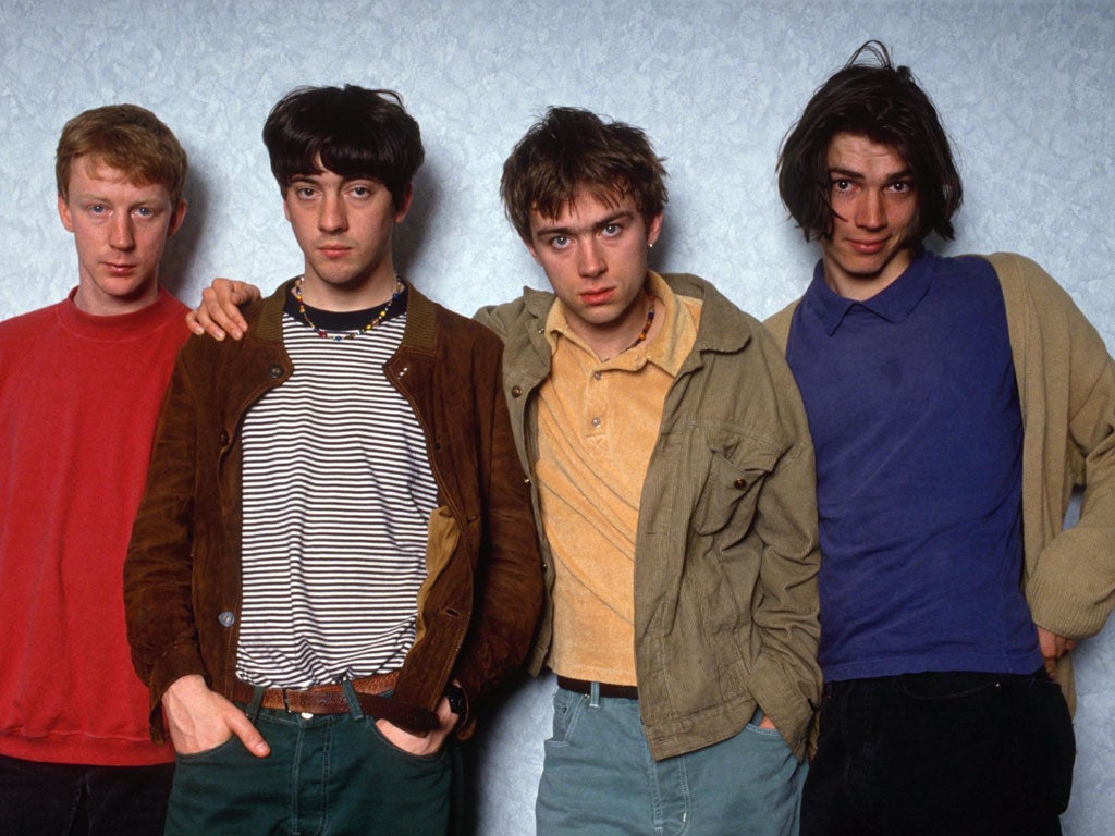 Blur in 1991. From left to right: Dave Rowntree, Coxon, Damon Albarn, Alex James
