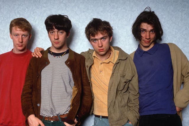 Blur in 1991. From left to right: Dave Rowntree, Coxon, Damon Albarn, Alex James