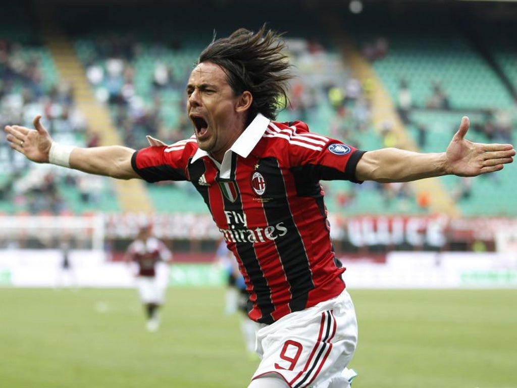 Pippo Inzaghi celebrates scoring against Novaro