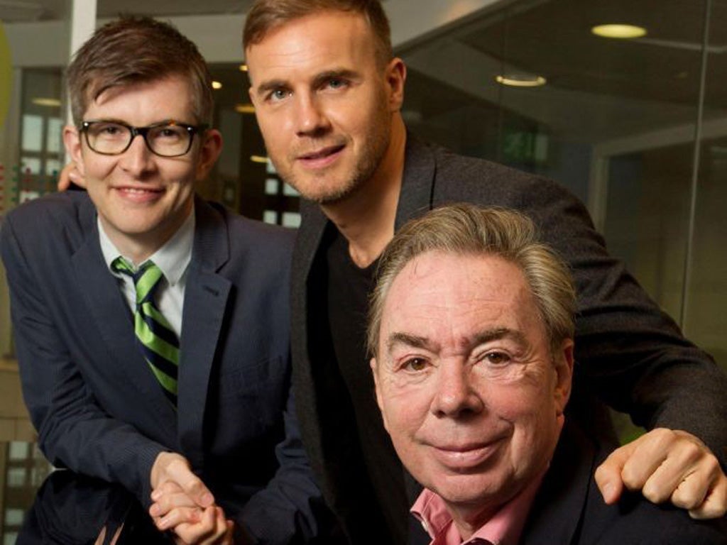 From left, Gareth Malone, Gary Barlow and Lord Lloyd-Webber