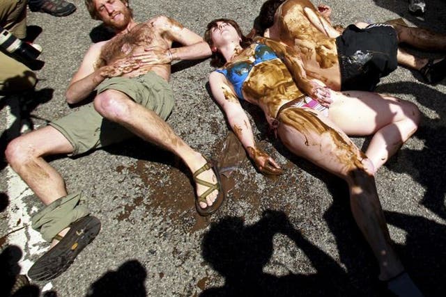 Environmental activists lie in the street during an anti-Nato rally outside the Canadian consulate in Chicago