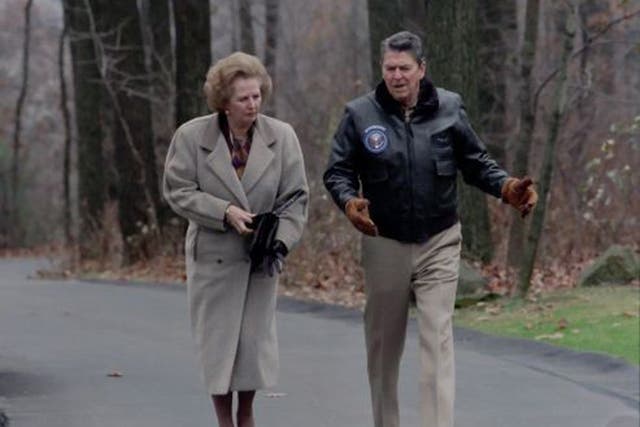 Margaret Thatcher and Ronald Reagan at Camp David in 1986