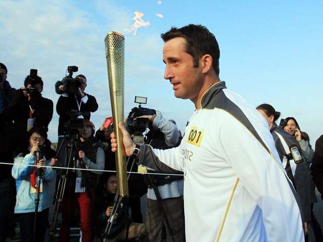 Olympic gold medal sailor and the first London 2012 torchbearer, Ben Ainslee leaves from Lands End this morning
