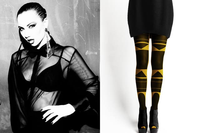 Queen of Hearts, left, and Patternity's Bauhaus-inspired tights
