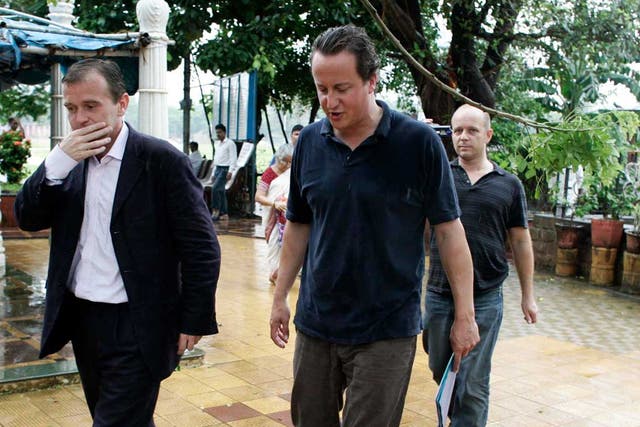 David Cameron's 2006 visit to India, with the architects of the arm's length strategy, George Eustice and Steve Hilton, behind