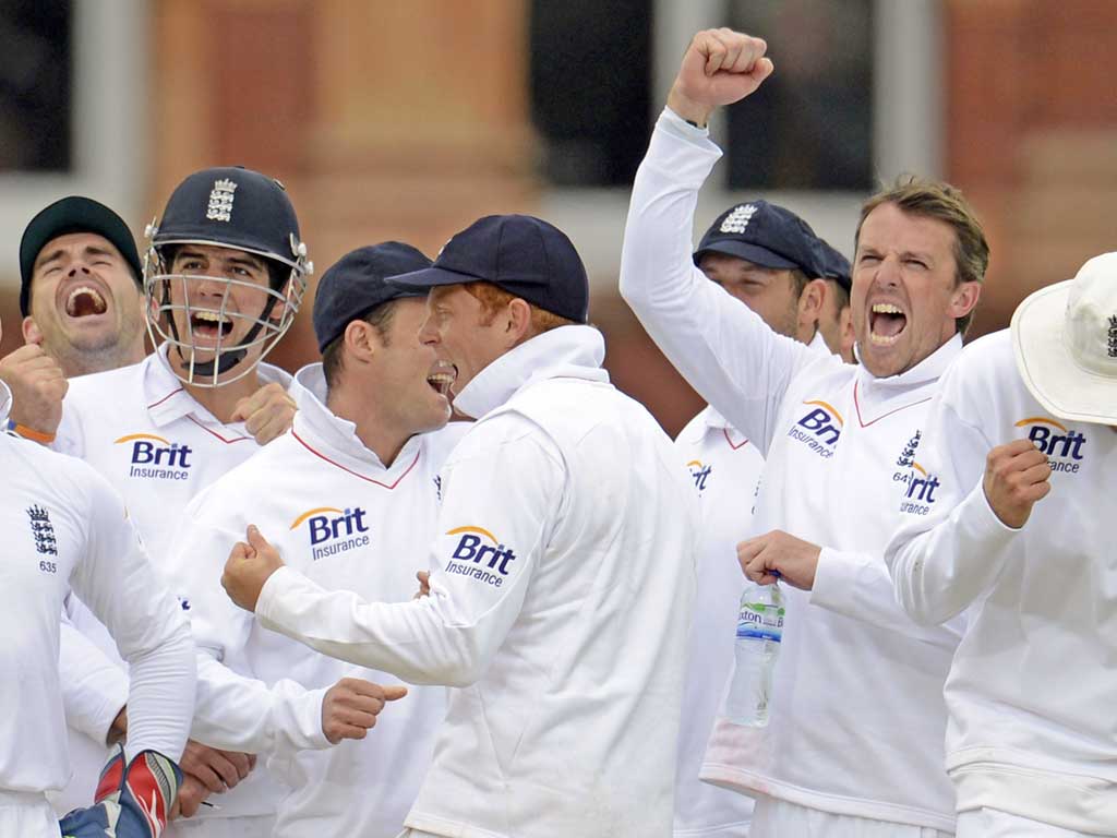 The relief is obvious as England’s players celebrate removing the West Indian Shivnarine Chanderpaul at Lord’s yesterday