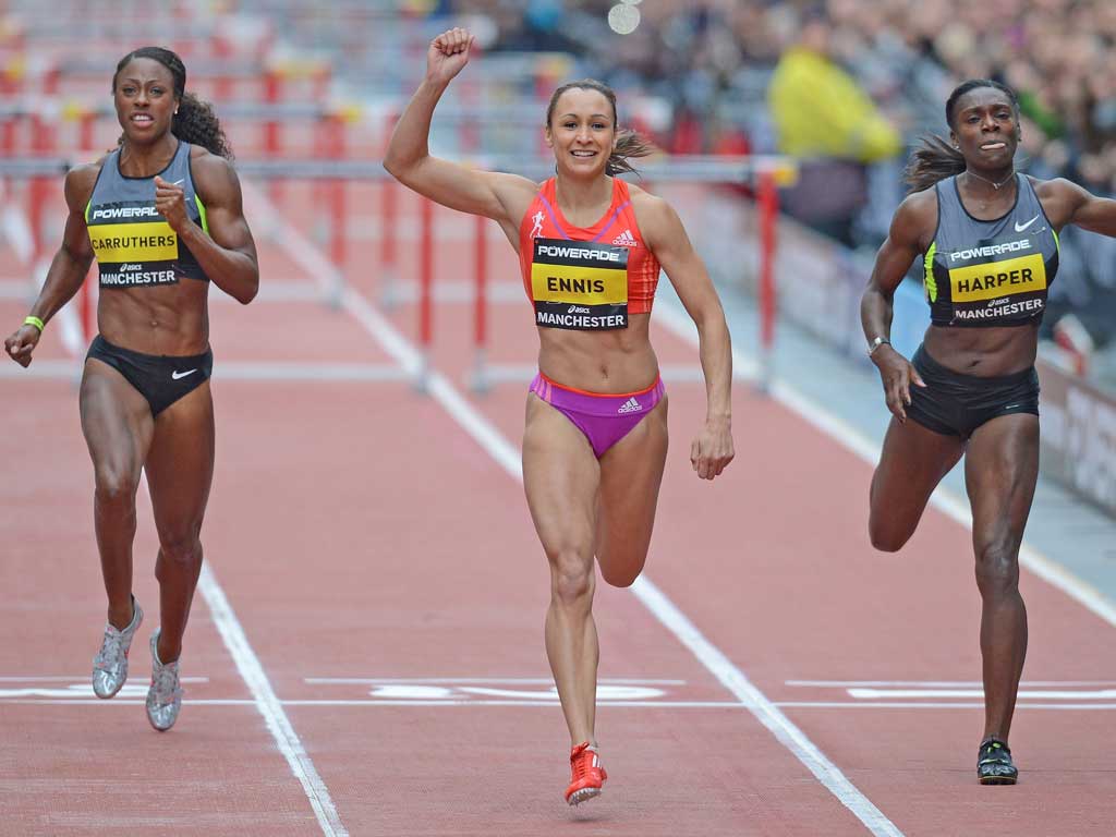 Jessica Ennis celebrates on the line, but her delight was to be short-lived