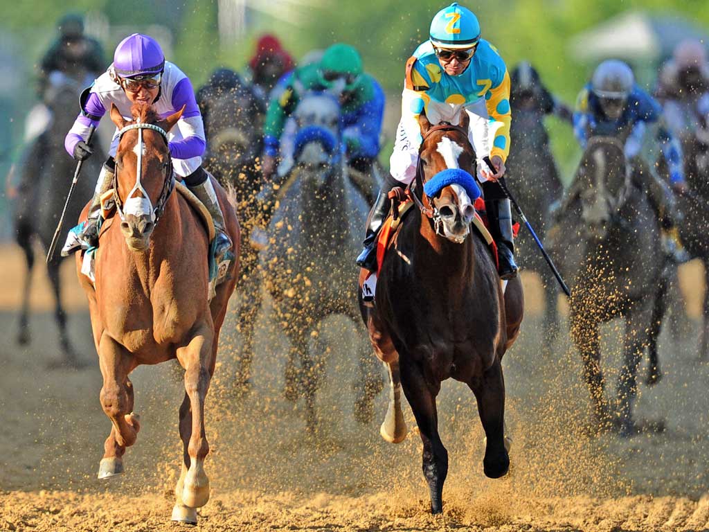 I’ll Have Another(left) collars Bodemeister to win the Preakness
