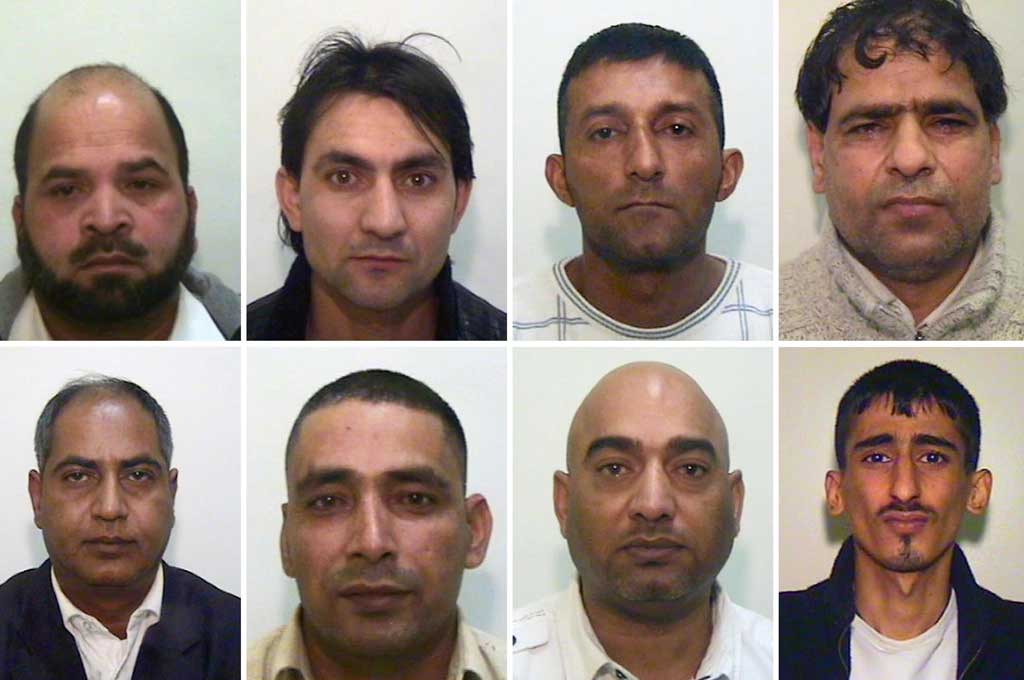 Eight of the nine men who were jailed for sexually abusing young girls. One of the perpetrators was not identified for legal reasons