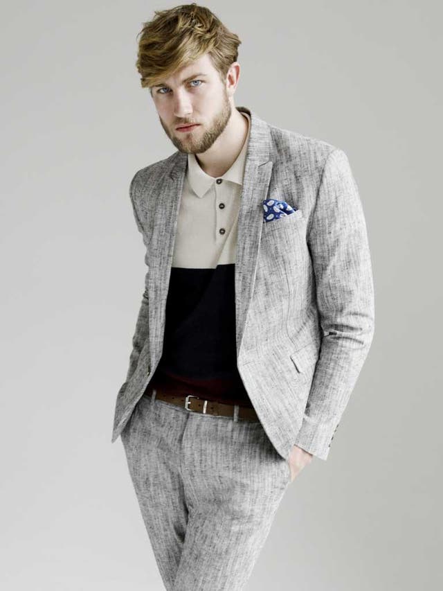 Grey jacket £85, matching trousers £40 both by Asos, asos.com; polo shirt £20, belt £10, Topman, as before; pocket square, £17.95, Mango, as before