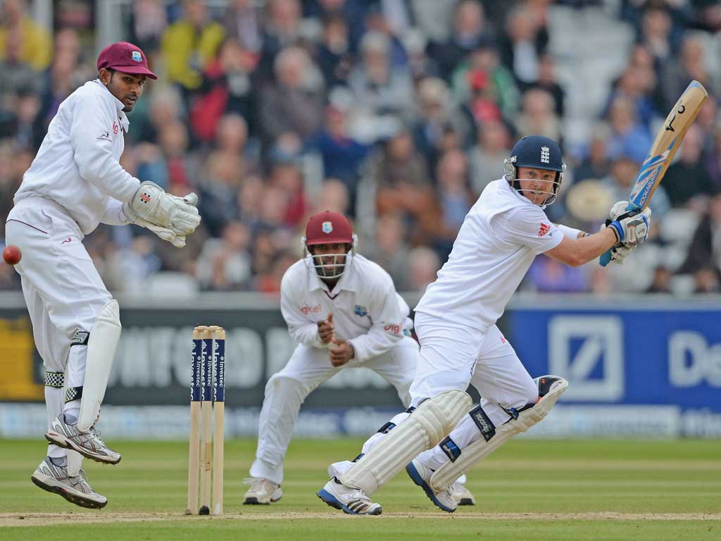 Ian Bell on his way to an unbeaten 63 which brought up the winning total for England yesterday