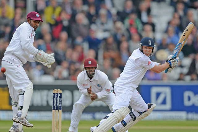 Ian Bell on his way to an unbeaten 63 which brought up the winning total for England yesterday