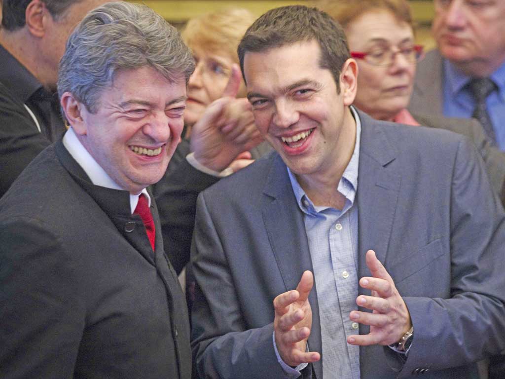 Alexis Tsipras, right, meets Jean-Luc Melenchon in Paris yesterday
