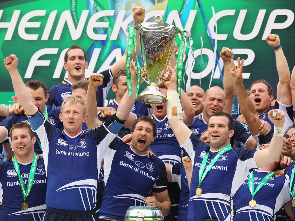 19 May 2012 Leinster celebrate retaining the Heineken Cup with a crushing 42-14 victory over Ulster at Twickenham. It was the Irish side’s third title in four years.