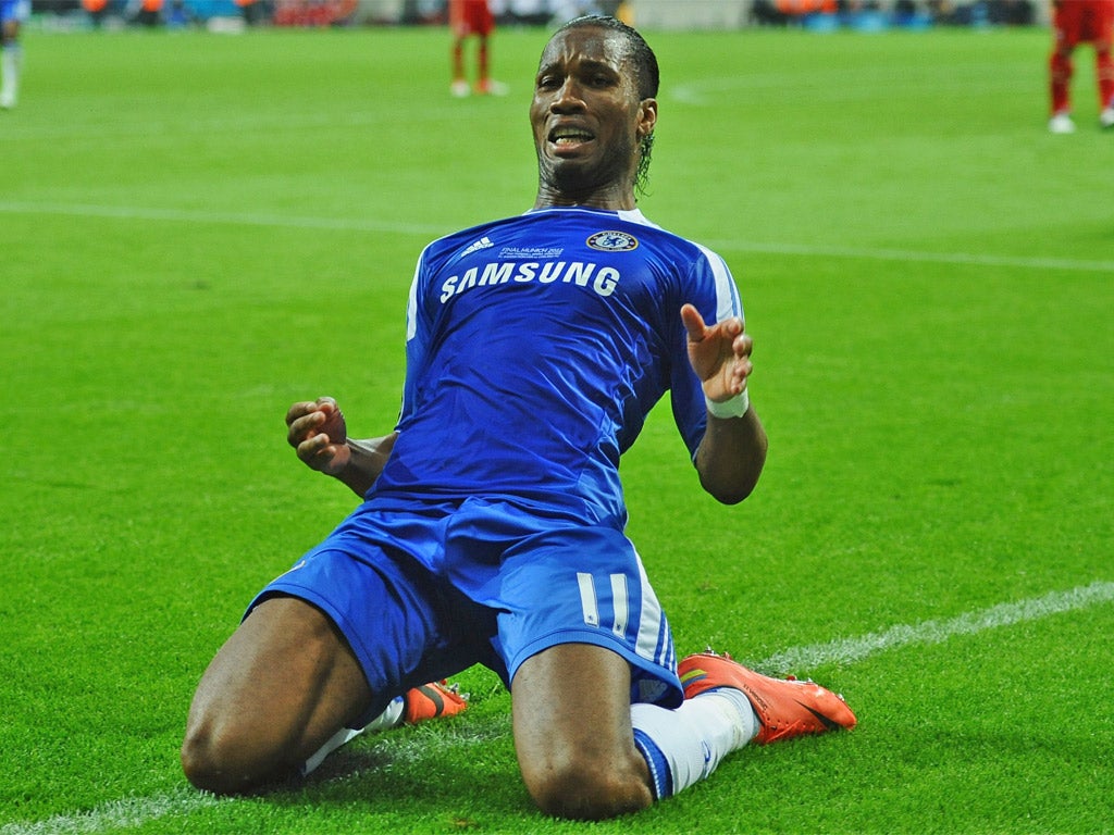 Drogba celebrates scoring Chelsea's crucial equaliser during Saturday's Champions League final